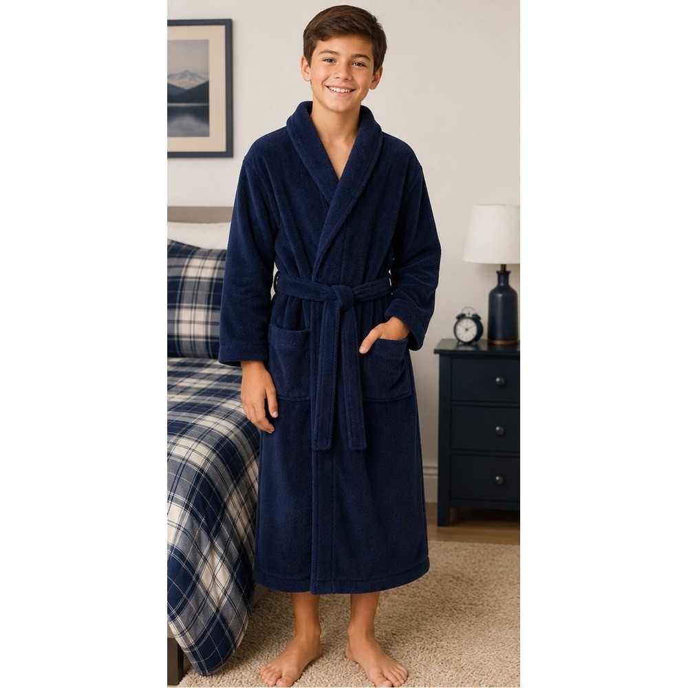 L.L.Bean Kids Fleece Robe L 14-16 Navy Blue Bathrobe Belted Pockets Cozy